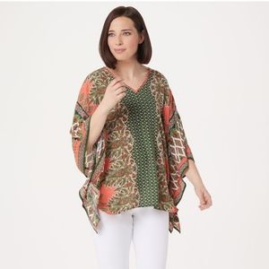Belle by Kim Gravel Bandana Print V-Neck Poncho Size S Olive Coral A351615